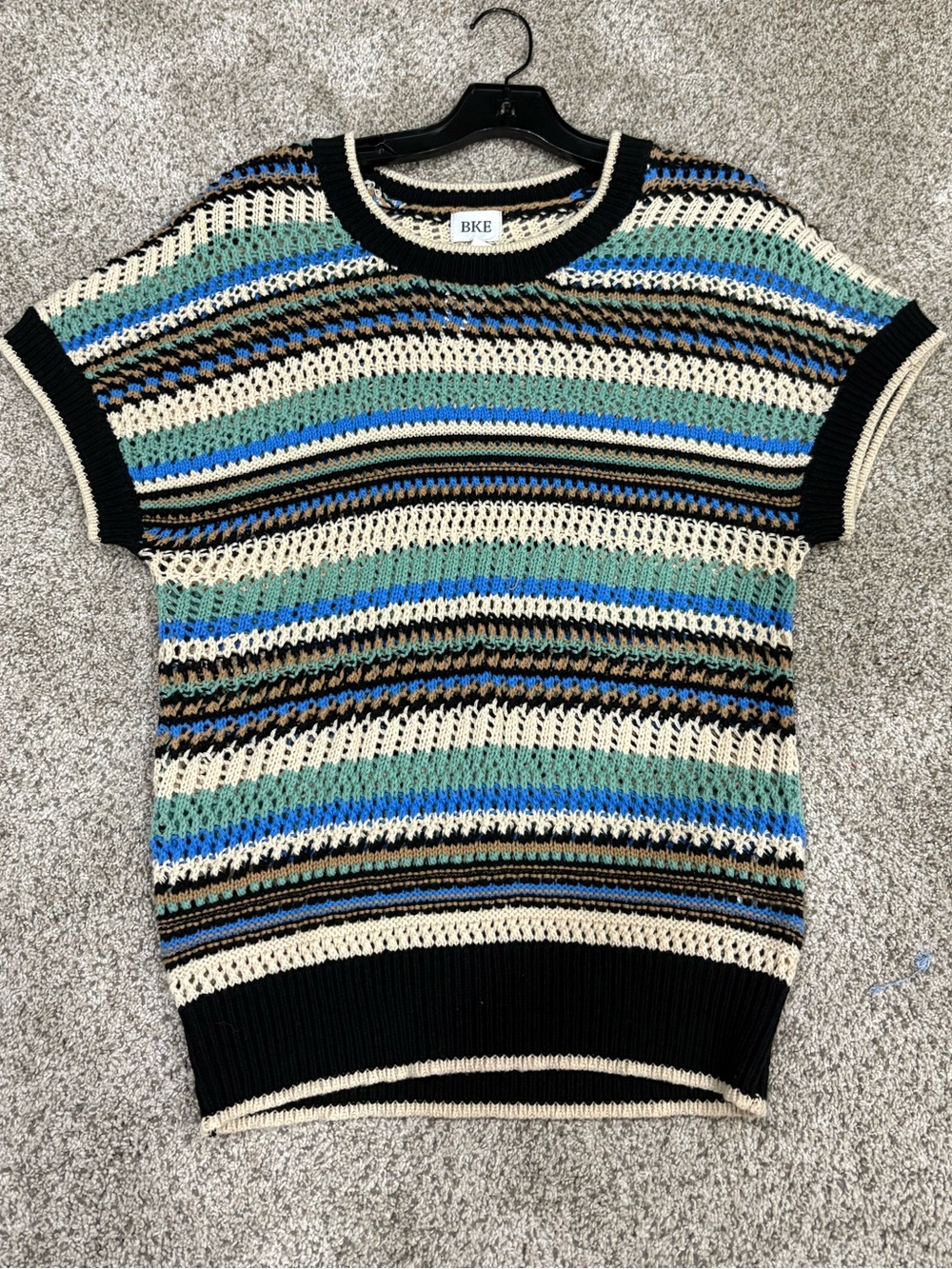 BKE Striped Open-Knit Short Sleeve Top in Blue, Cream, Black, Teal